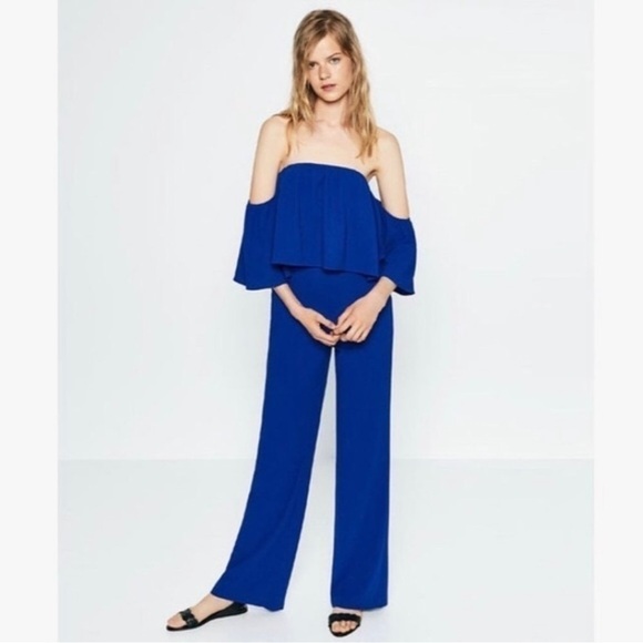 ZARA Off Shoulder Blue Jumpsuit Bloggers Favourite Size Small - Picture 13 of 14